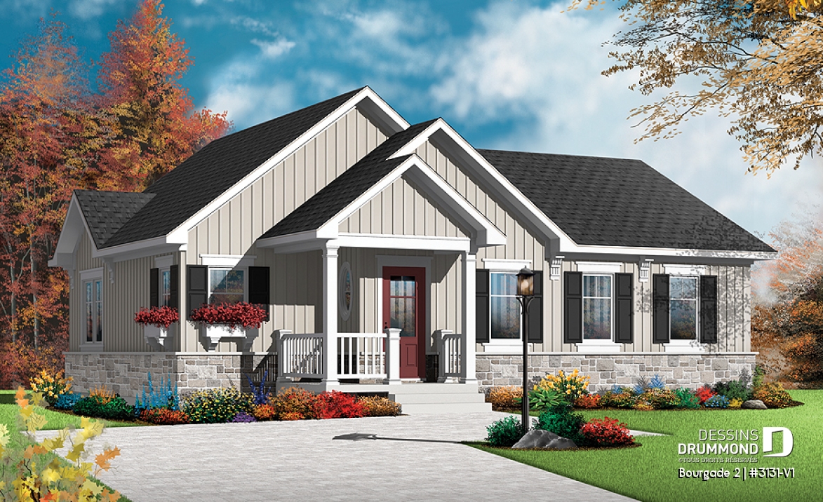 Vue avant - MODÈLE DE BASE - Plain-pied chaleureux et abordable, 2 chambres, style craftsman, secteur activités à l'arrière, grande cuisine - Bourgade 2