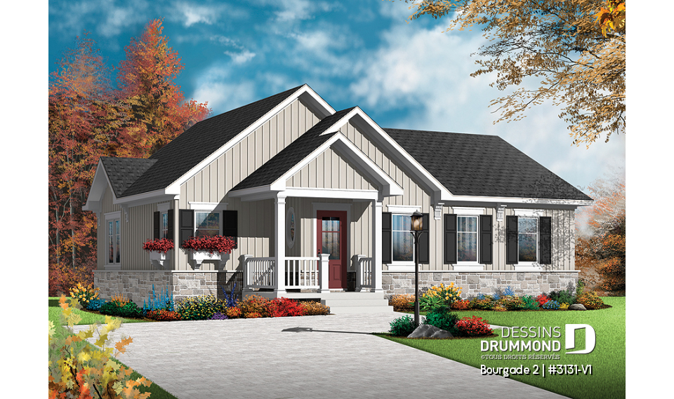 Vue avant - MODÈLE DE BASE - Plain-pied chaleureux et abordable, 2 chambres, style craftsman, secteur activités à l'arrière, grande cuisine - Bourgade 2