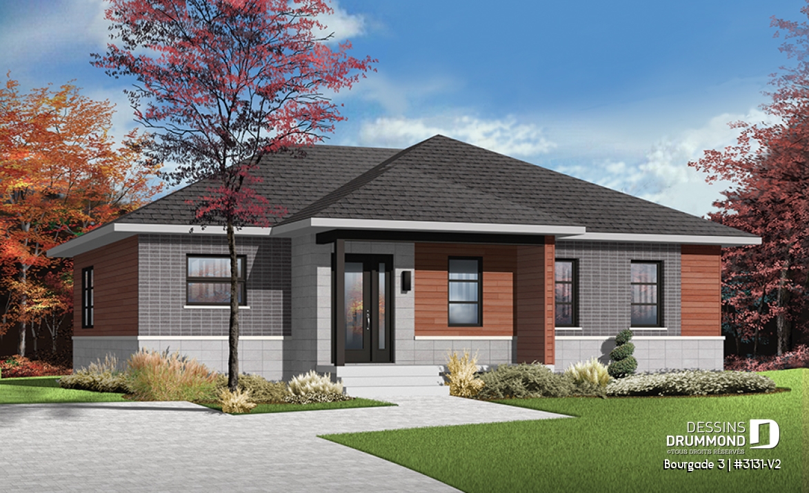 Vue avant - MODÈLE DE BASE - Plan de bungalow moderne urbain, 2 grandes chambres, vestibule fermé, aire ouverte cuisine / salon - Bourgade 3