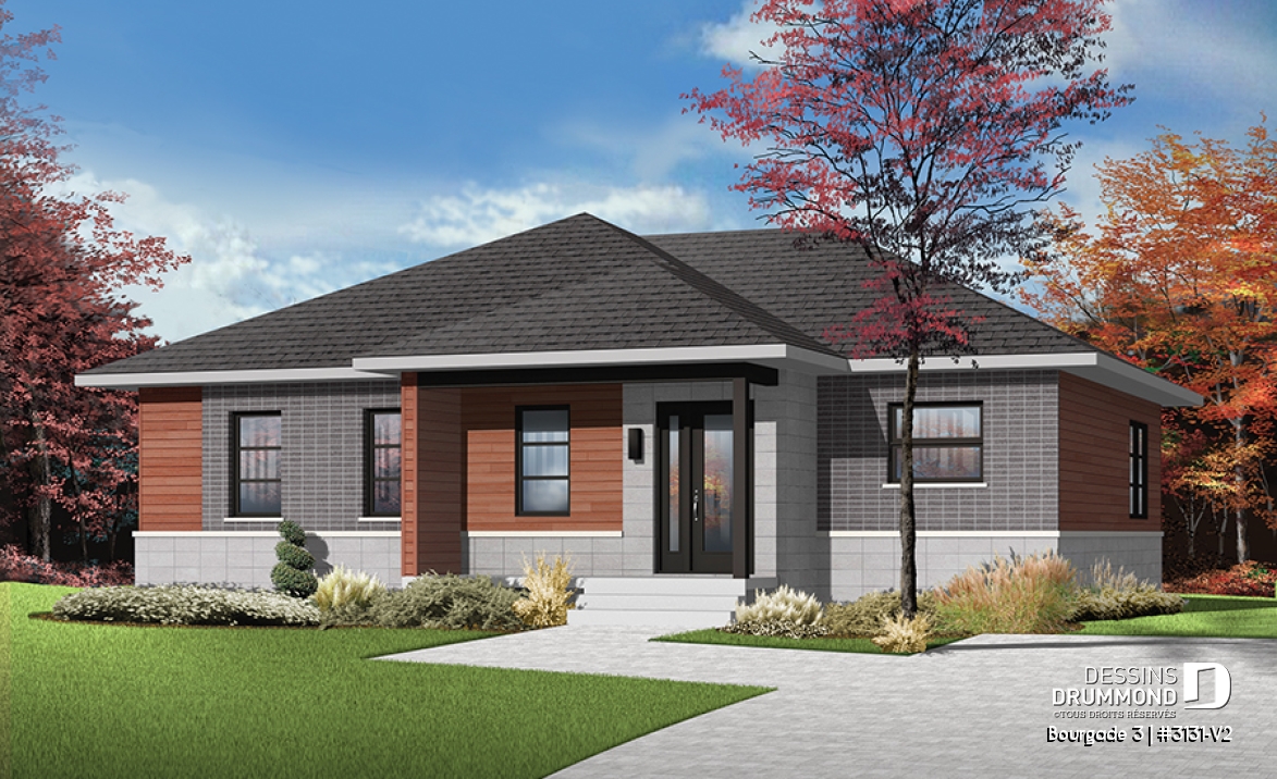 Vue avant - MODÈLE DE BASE - Plan de bungalow moderne urbain, 2 grandes chambres, vestibule fermé, aire ouverte cuisine / salon - Bourgade 3