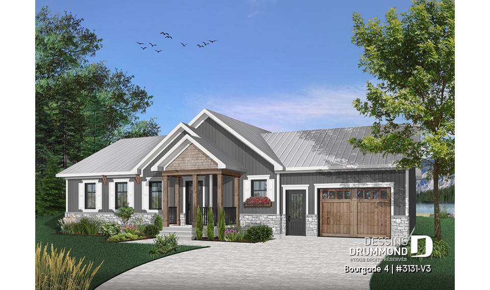 Vue avant - MODÈLE DE BASE - Plain-pied champêtre  2 chambres, garage, beaucoup de commodités, walk-in, buanderie, grand îlot à la cuisine - Bourgade 4