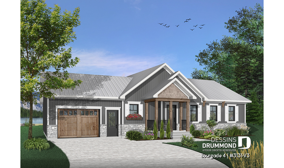 Vue avant - MODÈLE DE BASE - Plain-pied champêtre  2 chambres, garage, beaucoup de commodités, walk-in, buanderie, grand îlot à la cuisine - Bourgade 4