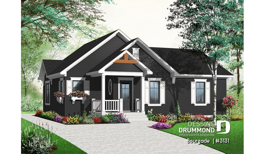 Version couleur no. 3 - Vue avant - Plan de bungalow économique, 3 chambres au rez-de-chaussée, coin buanderie, îlot à la cuisine, vestibule fermé - Bourgade 