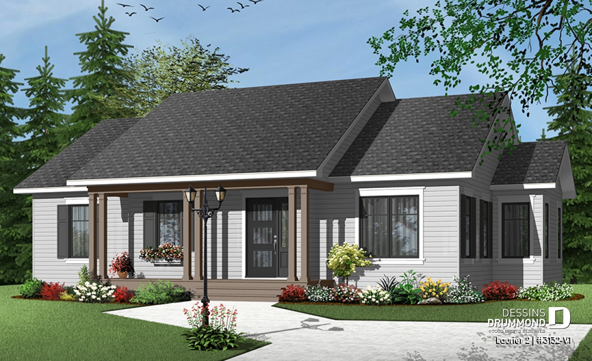 Vue avant - MODÈLE DE BASE - Plan de bungalow champêtre 3 chambres, cuisine attrayante, aire ouverte, salle de lavage au premier - Laurier 2