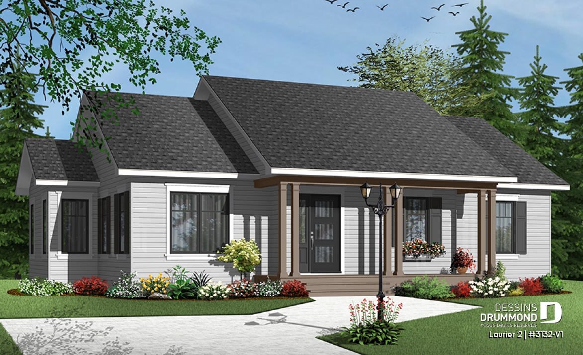 Vue avant - MODÈLE DE BASE - Plan de bungalow champêtre 3 chambres, cuisine attrayante, aire ouverte, salle de lavage au premier - Laurier 2