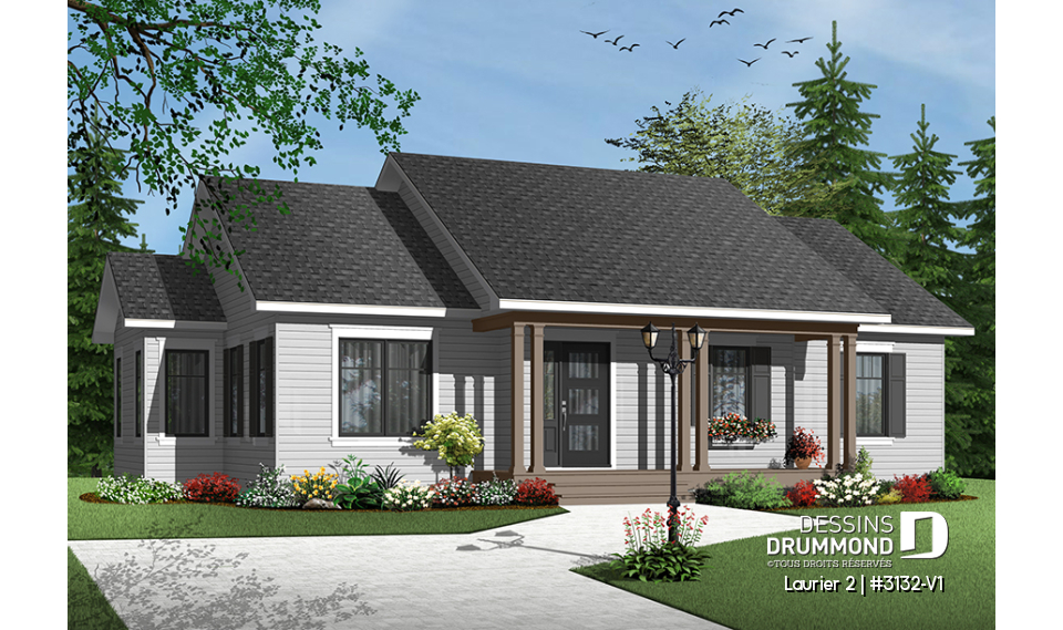 Vue avant - MODÈLE DE BASE - Plan de bungalow champêtre 3 chambres, cuisine attrayante, aire ouverte, salle de lavage au premier - Laurier 2