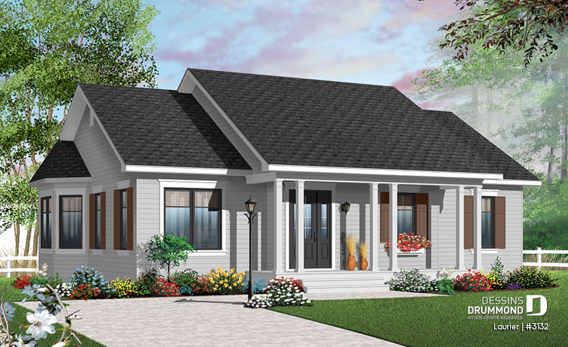 Version couleur no. 2 - Vue avant - Plan de plain-pied, 3 chambres au même plancher, salle de lavage au rez-de-chaussée - Laurier