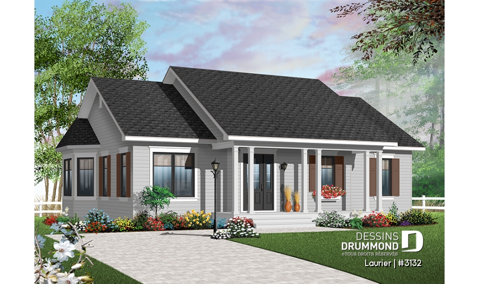 Version couleur no. 2 - Vue avant - Plan de plain-pied, 3 chambres au même plancher, salle de lavage au rez-de-chaussée - Laurier