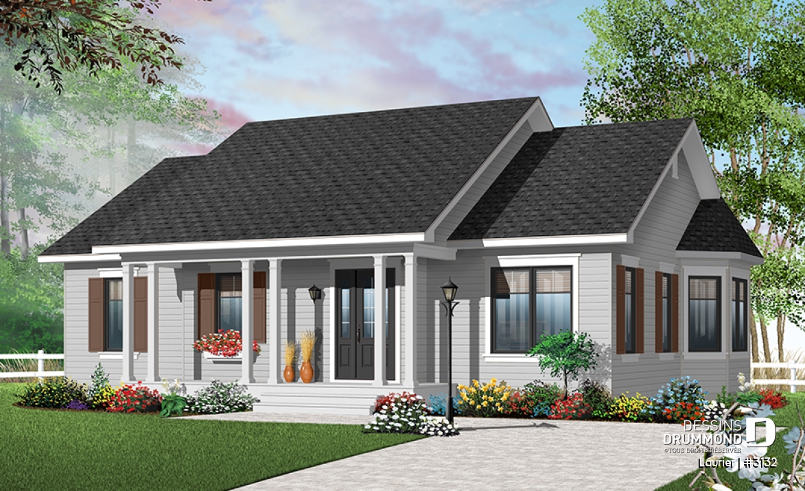 Version couleur no. 2 - Vue avant - Plan de plain-pied, 3 chambres au même plancher, salle de lavage au rez-de-chaussée - Laurier