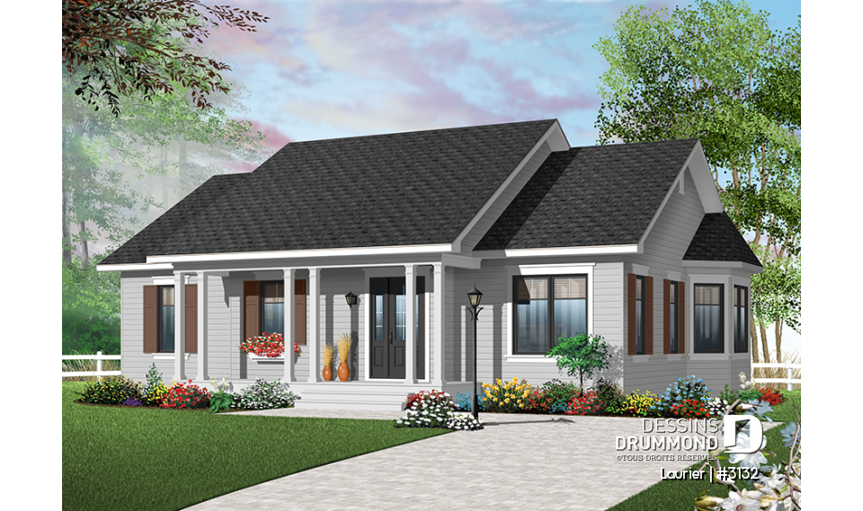 Version couleur no. 2 - Vue avant - Plan de plain-pied, 3 chambres au même plancher, salle de lavage au rez-de-chaussée - Laurier