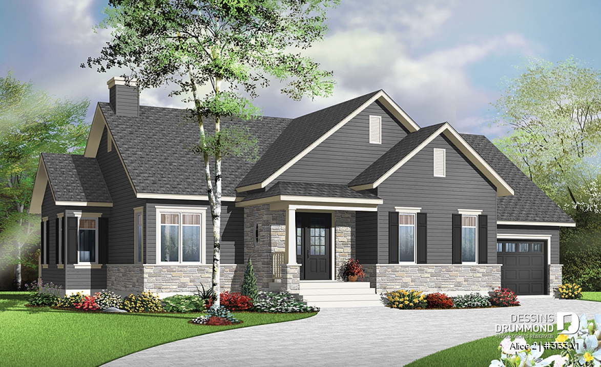 Vue avant - MODÈLE DE BASE - Plan de maison plain-pied 2 chambres, garage, aire ouverte avec foyer 3 faces, grande cuisine - Alice 2