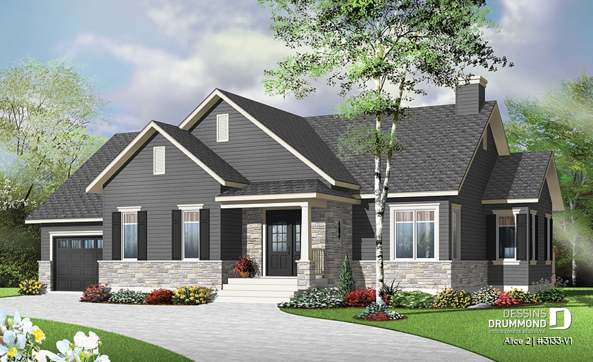 Vue avant - MODÈLE DE BASE - Plan de maison plain-pied 2 chambres, garage, aire ouverte avec foyer 3 faces, grande cuisine - Alice 2