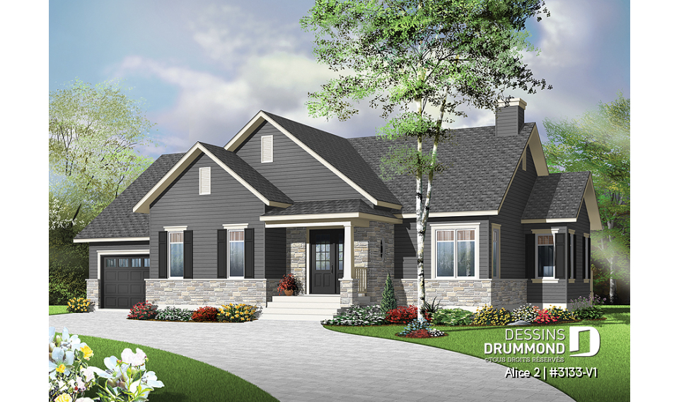 Vue avant - MODÈLE DE BASE - Plan de maison plain-pied 2 chambres, garage, aire ouverte avec foyer 3 faces, grande cuisine - Alice 2