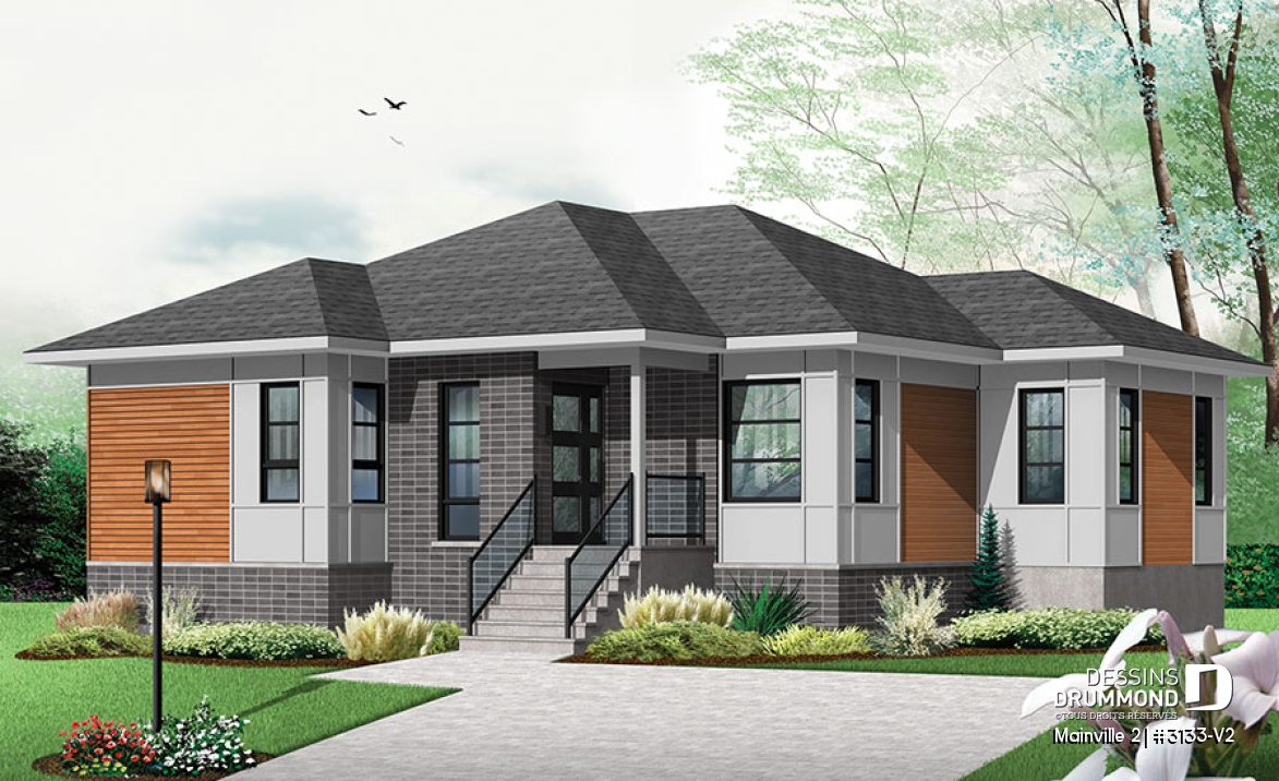 Vue avant - MODÈLE DE BASE - Plan de maison contemporaine 2 chambres, buanderie au rez-de-chaussée, grand îlot et vestibule - Mainville 2