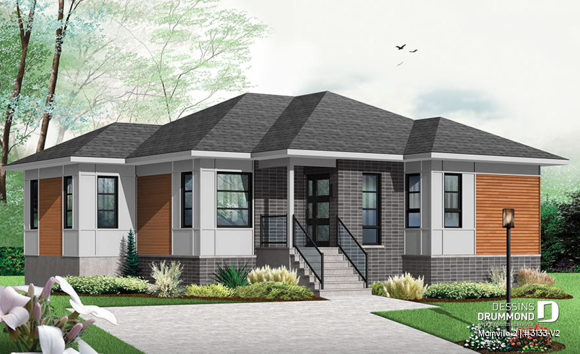 Vue avant - MODÈLE DE BASE - Plan de maison contemporaine 2 chambres, buanderie au rez-de-chaussée, grand îlot et vestibule - Mainville 2