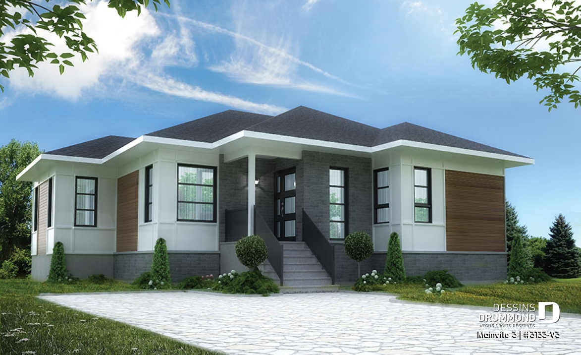 Vue avant - MODÈLE DE BASE - Plan de maison contemporaine 3 chambres au même plancher, grand îlot, vestibule et air ouverte - Mainville 3