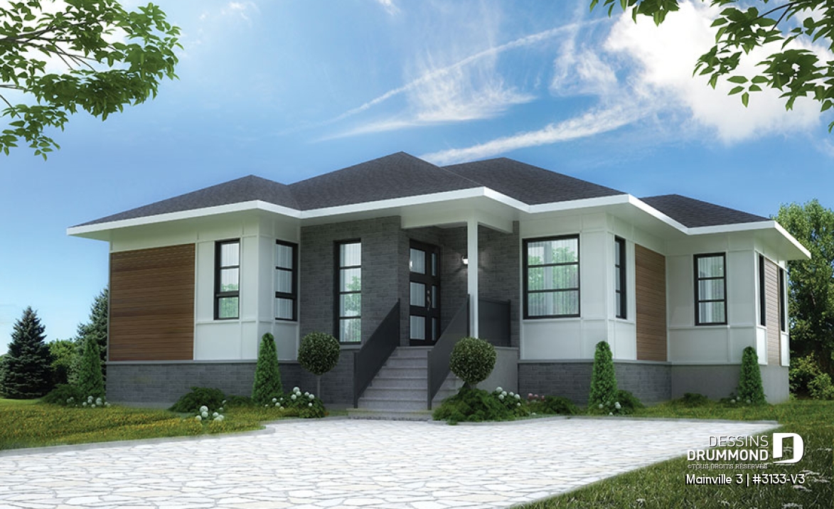 Vue avant - MODÈLE DE BASE - Plan de maison contemporaine 3 chambres au même plancher, grand îlot, vestibule et air ouverte - Mainville 3