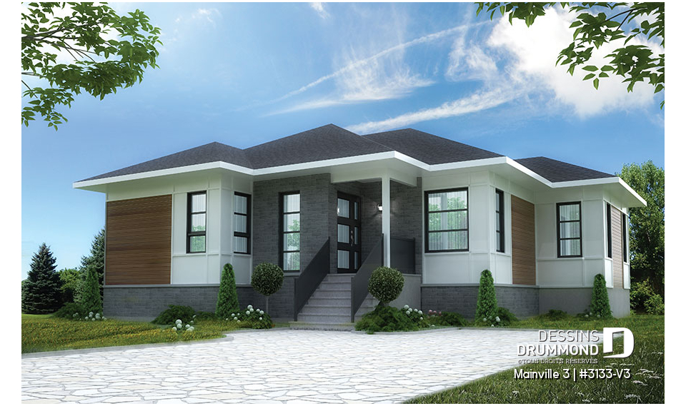 Vue avant - MODÈLE DE BASE - Plan de maison contemporaine 3 chambres au même plancher, grand îlot, vestibule et air ouverte - Mainville 3