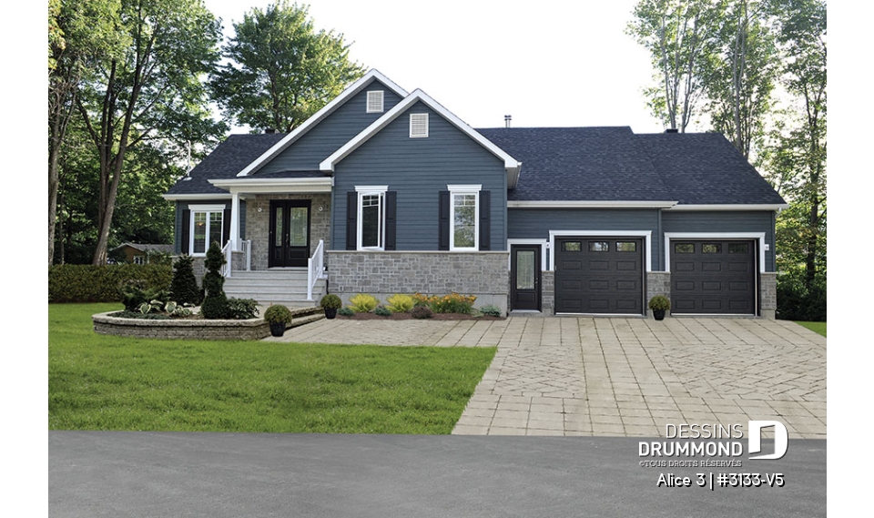 Vue avant - MODÈLE DE BASE - Plan de maison de plain-pied 2 chambres, garage double, buanderie au rez-de-chaussée, foyer - Alice 3