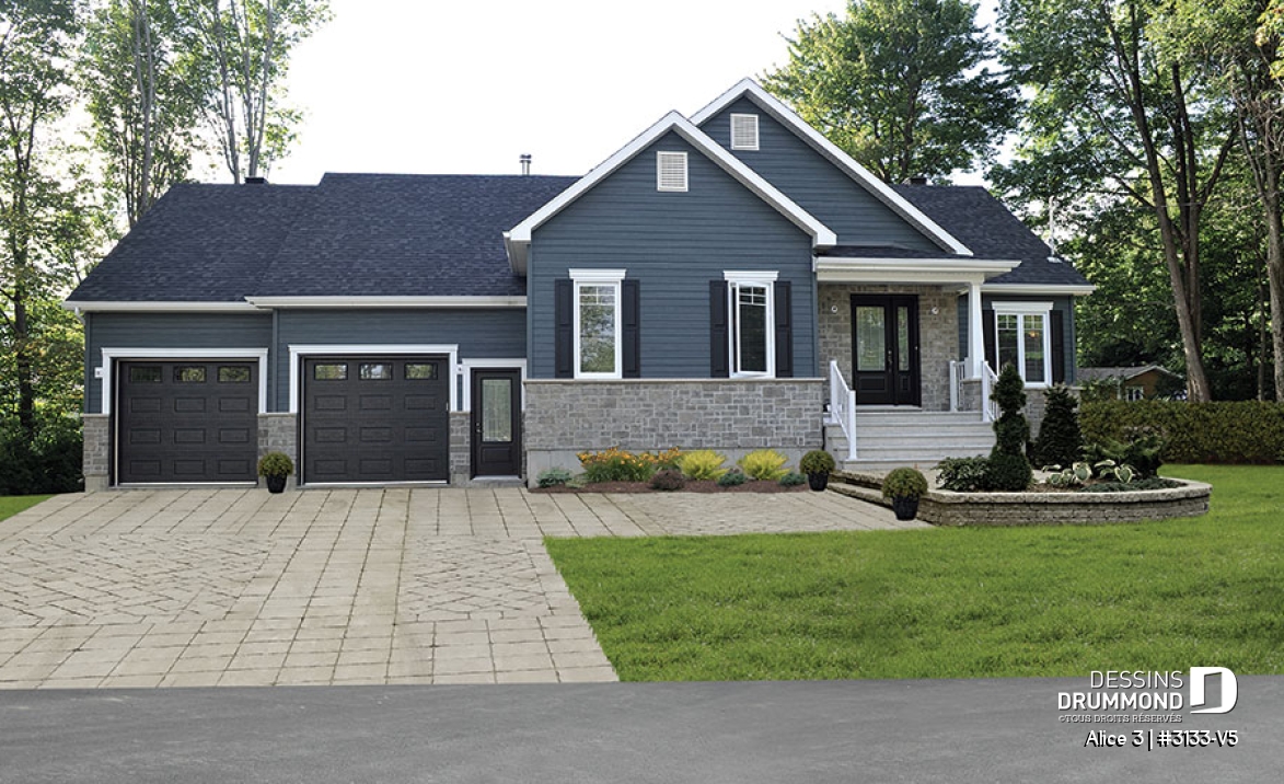 Vue avant - MODÈLE DE BASE - Plan de maison de plain-pied 2 chambres, garage double, buanderie au rez-de-chaussée, foyer - Alice 3