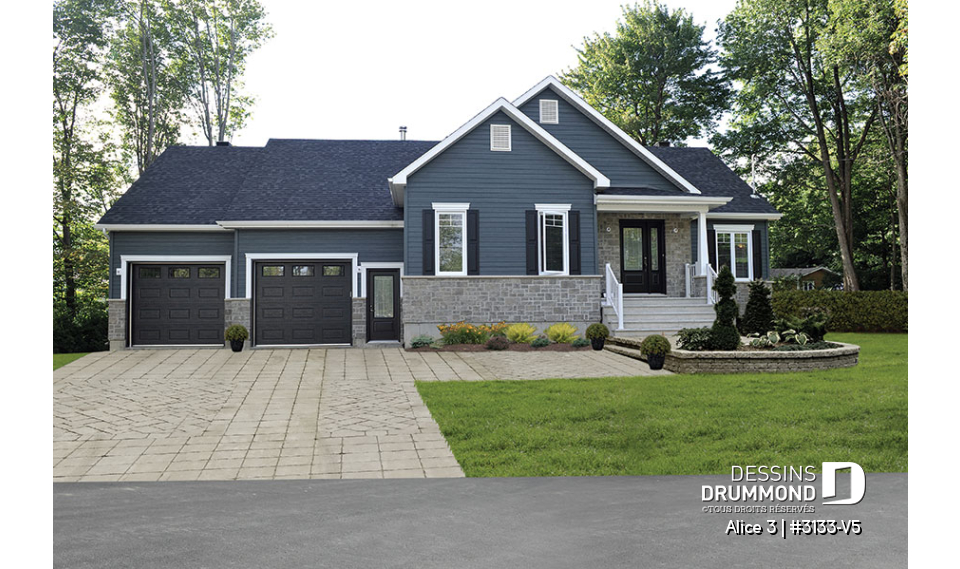 Vue avant - MODÈLE DE BASE - Plan de maison de plain-pied 2 chambres, garage double, buanderie au rez-de-chaussée, foyer - Alice 3