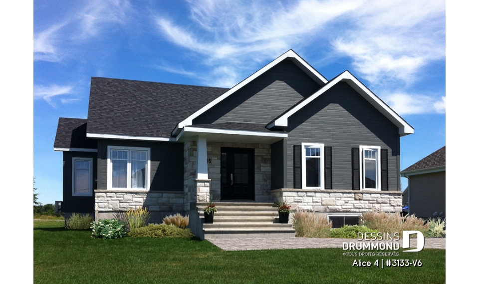 Vue avant - MODÈLE DE BASE - Plan de plain-pied champêtre, 2 chambres, foyer triple face, grande buanderie, plancher convivial - Alice 4