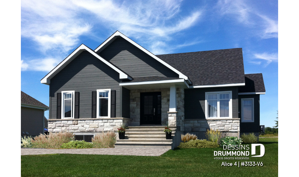 Vue avant - MODÈLE DE BASE - Plan de plain-pied champêtre, 2 chambres, foyer triple face, grande buanderie, plancher convivial - Alice 4