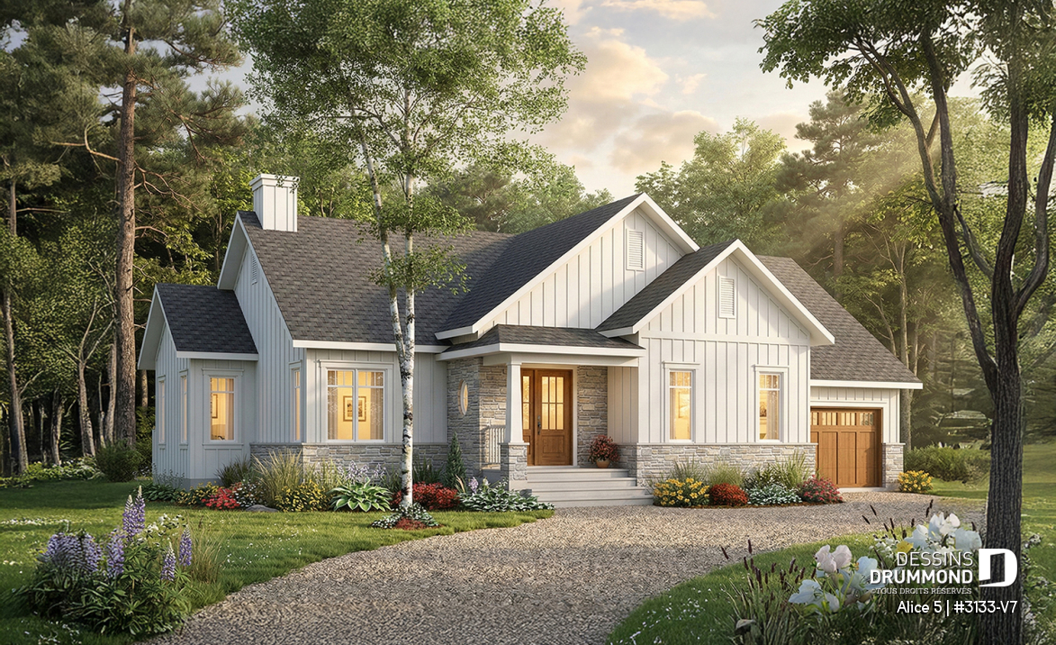 Vue avant - MODÈLE DE BASE - Plan de maison plain-pied farmhouse moderne avec garage, 2 chambres, bureau et grande terrasse abritée. - Alice 5