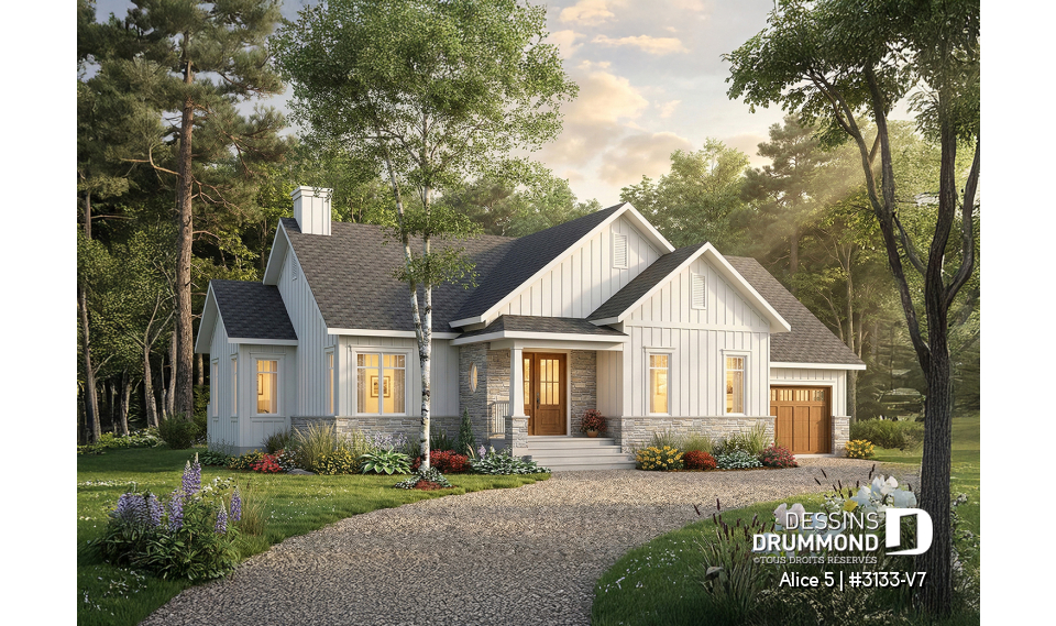 Vue avant - MODÈLE DE BASE - Plan de maison plain-pied farmhouse moderne avec garage, 2 chambres, bureau et grande terrasse abritée. - Alice 5