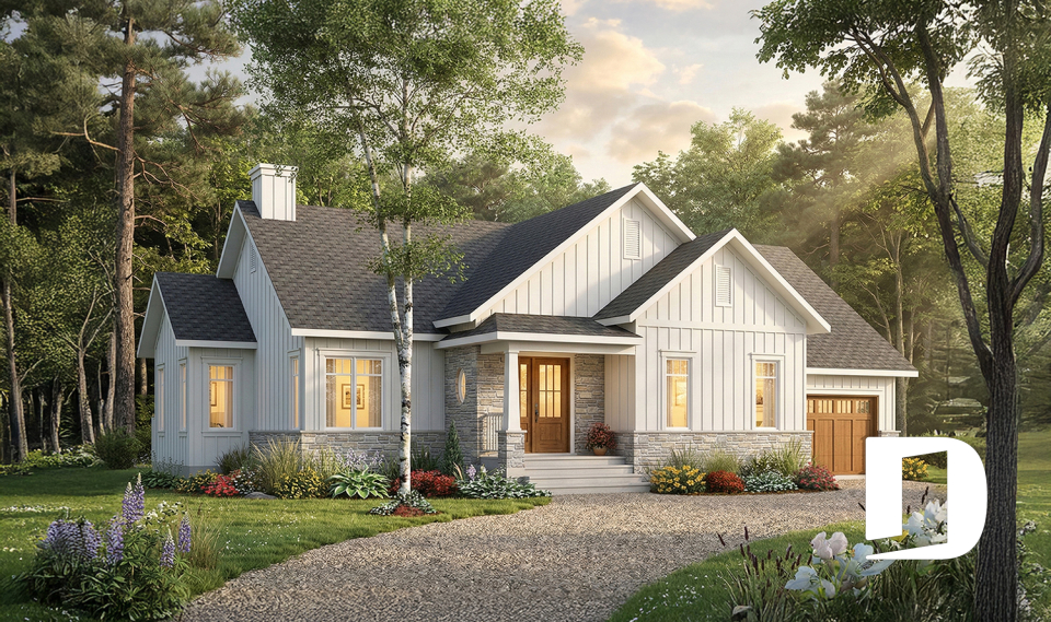 Vue avant - MODÈLE DE BASE - Plan de maison plain-pied farmhouse moderne avec garage, 2 chambres, bureau et grande terrasse abritée. - Alice 5