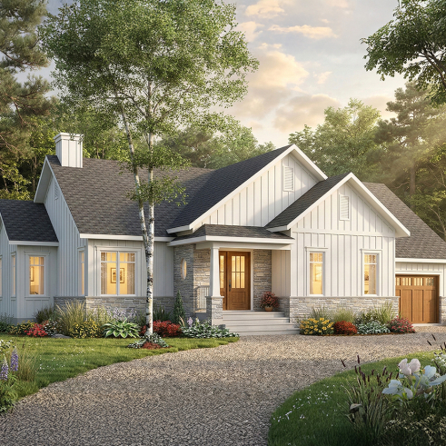 Vue avant - MODÈLE DE BASE - Plan de maison plain-pied farmhouse moderne avec garage, 2 chambres, bureau et grande terrasse abritée. - Alice 5