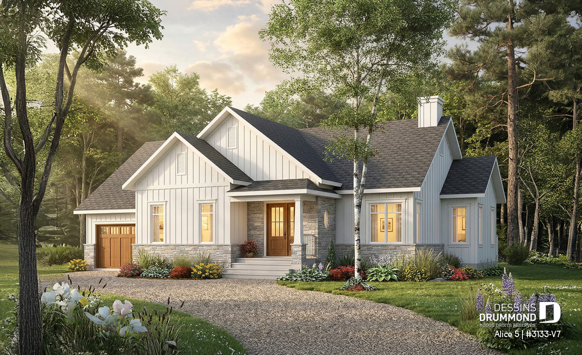 Vue avant - MODÈLE DE BASE - Plan de maison plain-pied farmhouse moderne avec garage, 2 chambres, bureau et grande terrasse abritée. - Alice 5