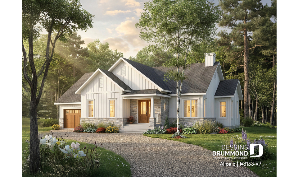 Vue avant - MODÈLE DE BASE - Plan de maison plain-pied farmhouse moderne avec garage, 2 chambres, bureau et grande terrasse abritée. - Alice 5