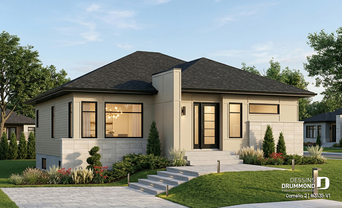 Vue avant - MODÈLE DE BASE - Plan de maison moderne 2 chambres, vestibule, îlot à la cuisine, laveuse/sécheuse au rez-de-chaussée - Camélia 2