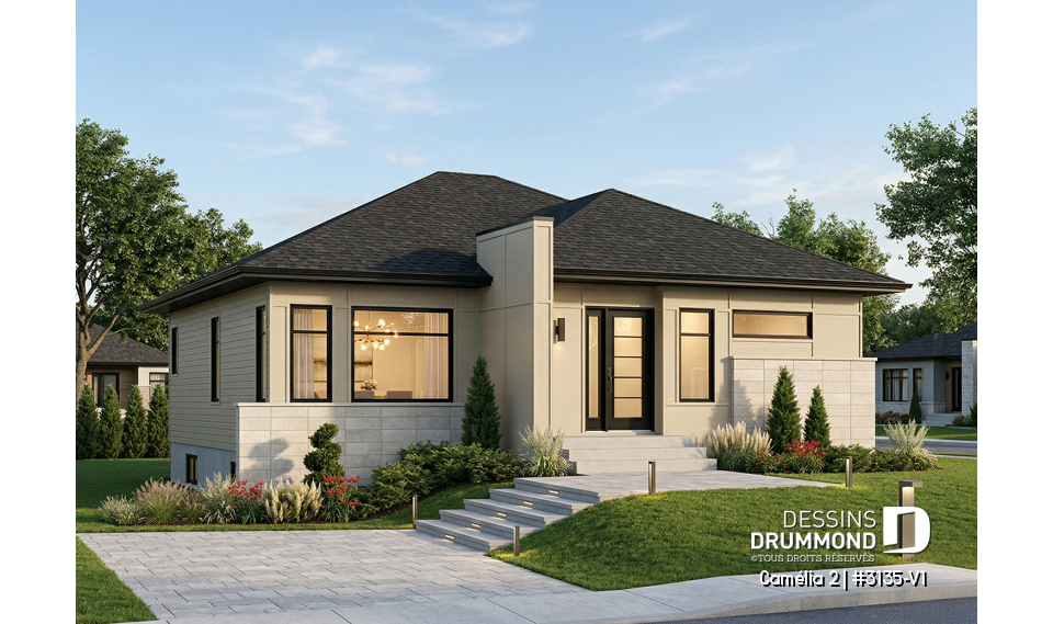 Vue avant - MODÈLE DE BASE - Plan de maison moderne 2 chambres, vestibule, îlot à la cuisine, laveuse/sécheuse au rez-de-chaussée - Camélia 2