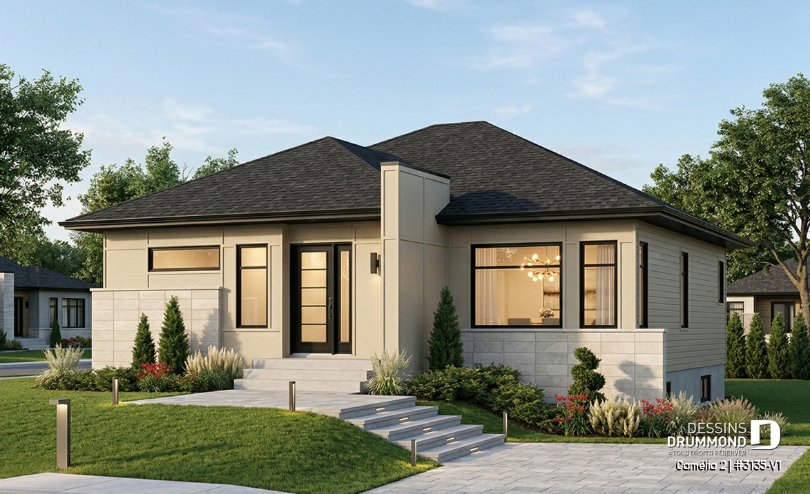 Vue avant - MODÈLE DE BASE - Plan de maison moderne 2 chambres, vestibule, îlot à la cuisine, laveuse/sécheuse au rez-de-chaussée - Camélia 2