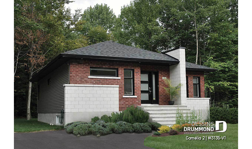 Vue avant - MODÈLE DE BASE - Plan de maison moderne 2 chambres, vestibule, îlot à la cuisine, laveuse/sécheuse au rez-de-chaussée - Camélia 2