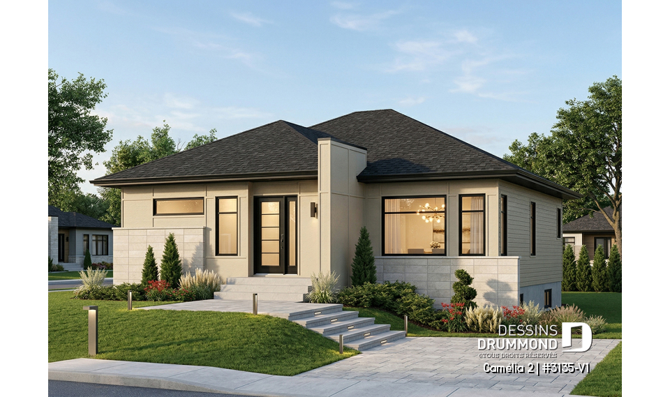 Vue avant - MODÈLE DE BASE - Plan de maison moderne 2 chambres, vestibule, îlot à la cuisine, laveuse/sécheuse au rez-de-chaussée - Camélia 2