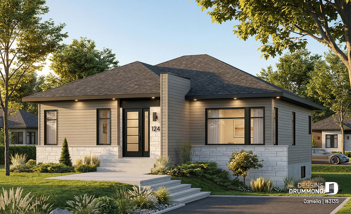 Vue avant - MODÈLE DE BASE - Plan de bungalow moderne, 2 chambres, vestiaire à l'entrée, cuisine avec îlot, grande douche - Camelia