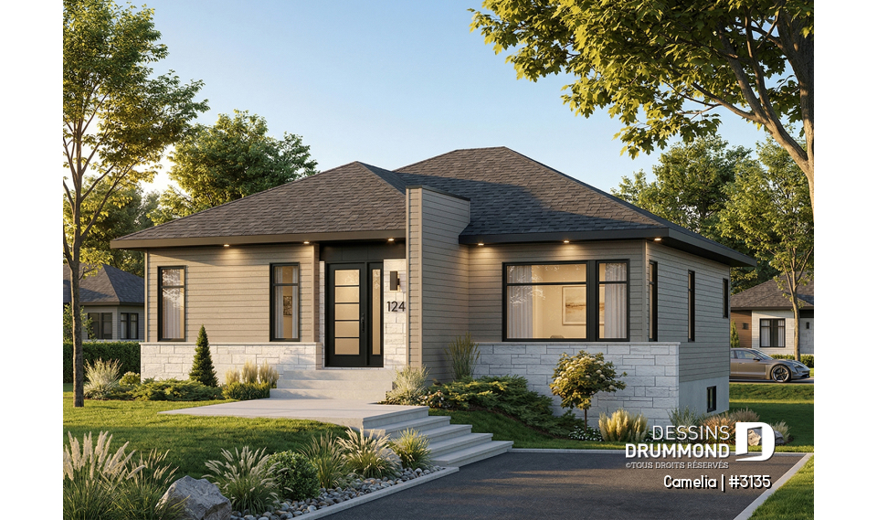 Vue avant - MODÈLE DE BASE - Plan de bungalow moderne, 2 chambres, vestiaire à l'entrée, cuisine avec îlot, grande douche - Camelia