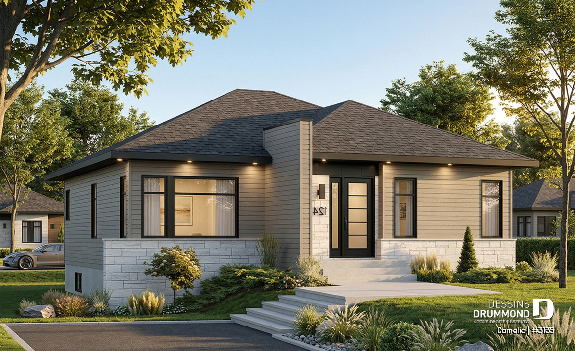 Vue avant - MODÈLE DE BASE - Plan de bungalow moderne, 2 chambres, vestiaire à l'entrée, cuisine avec îlot, grande douche - Camelia