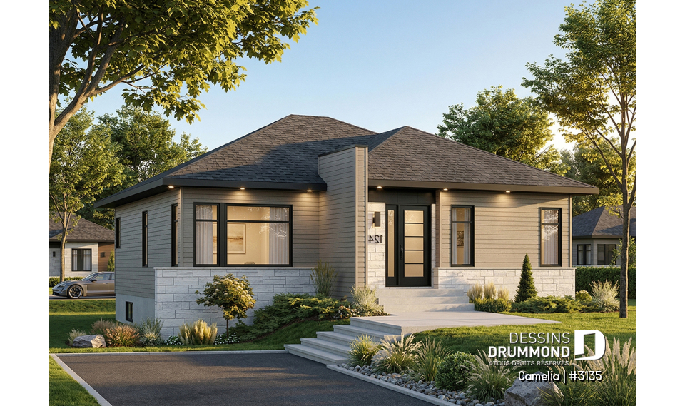 Vue avant - MODÈLE DE BASE - Plan de bungalow moderne, 2 chambres, vestiaire à l'entrée, cuisine avec îlot, grande douche - Camelia