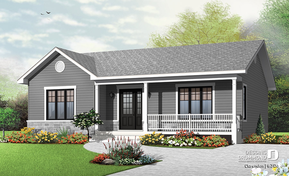 Vue avant - MODÈLE DE BASE - Plan de plain-pied moderne rustique économique, 2 chambres, espace famille ouvert, grande douche, vestibule - Clarendon