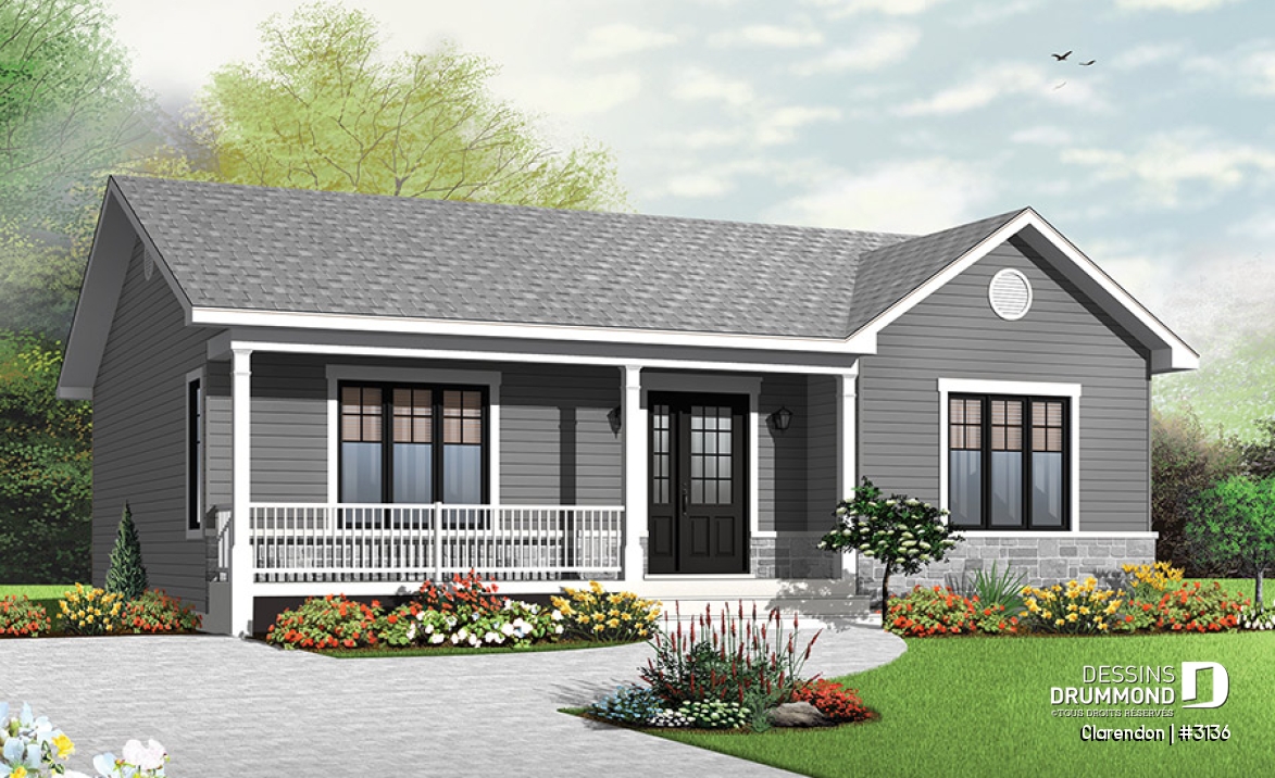 Vue avant - MODÈLE DE BASE - Plan de plain-pied moderne rustique économique, 2 chambres, espace famille ouvert, grande douche, vestibule - Clarendon