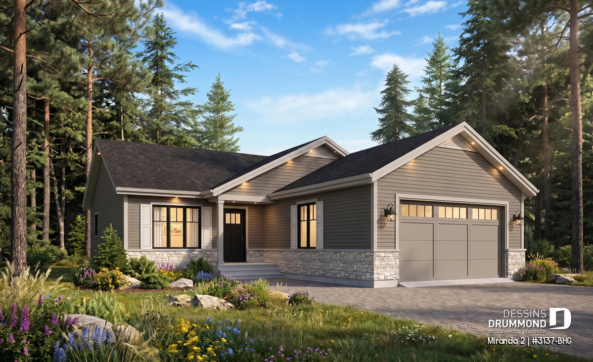 Vue avant - MODÈLE DE BASE - Plan de bungalow abordable, walk-in chambre des maîtres, grand îlot à la cuisine, garage double - Miranda 2