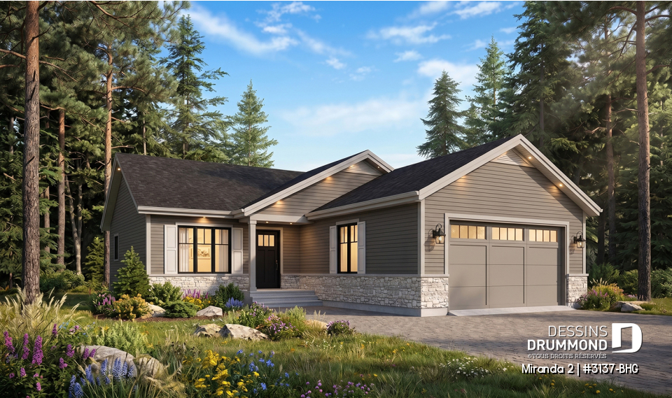 Vue avant - MODÈLE DE BASE - Plan de bungalow abordable, walk-in chambre des maîtres, grand îlot à la cuisine, garage double - Miranda 2