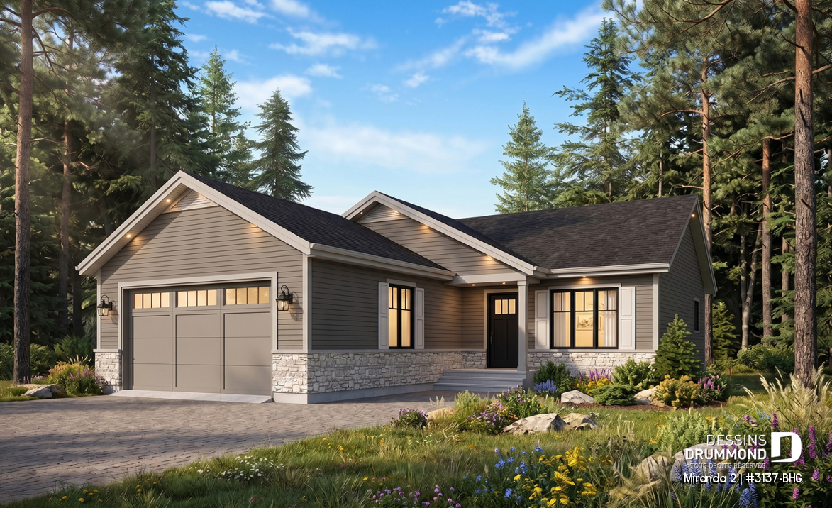 Vue avant - MODÈLE DE BASE - Plan de bungalow abordable, walk-in chambre des maîtres, grand îlot à la cuisine, garage double - Miranda 2