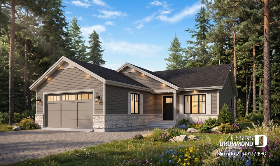 Vue avant - MODÈLE DE BASE - Plan de bungalow abordable, walk-in chambre des maîtres, grand îlot à la cuisine, garage double - Miranda 2