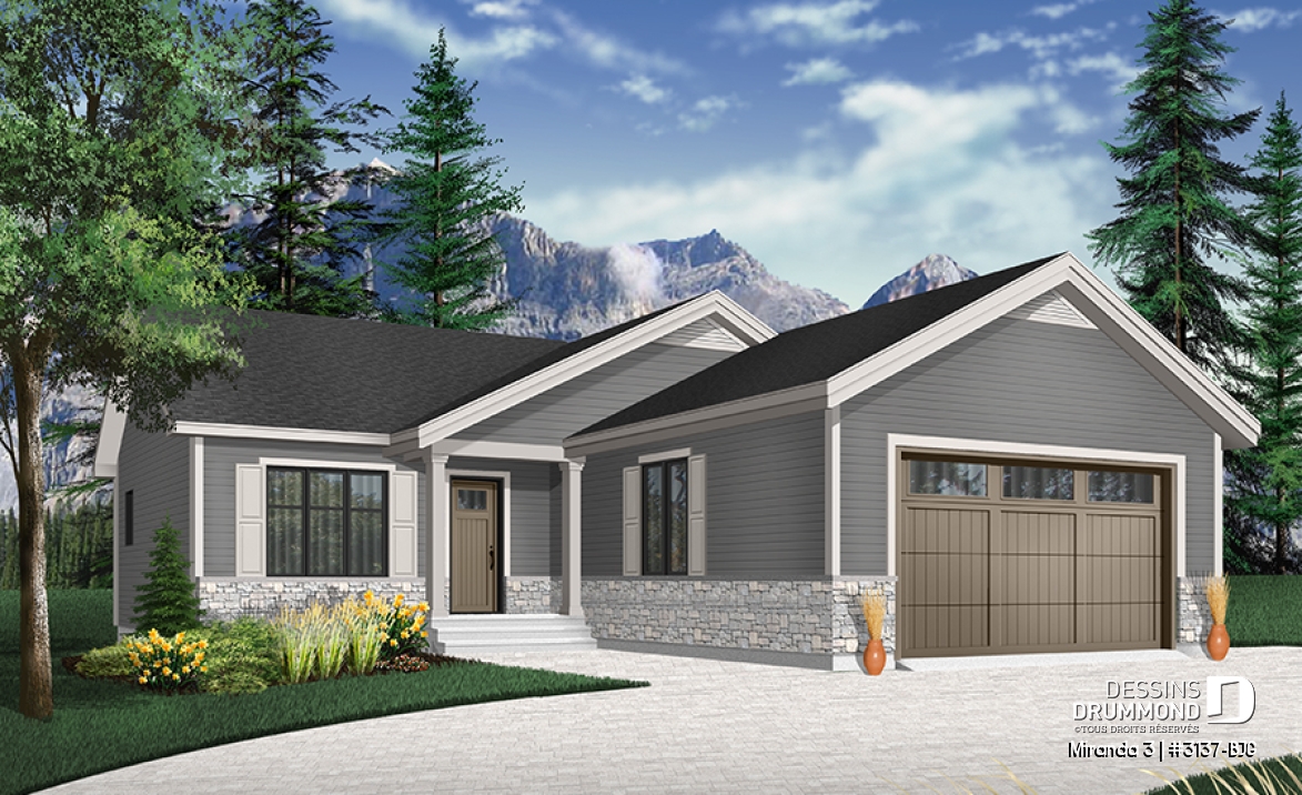 Vue avant - MODÈLE DE BASE - Plan de plain-pied avec garage double, douche privée à la chambre des maîtres, grand îlot à la cuisine, foyer - Miranda 3