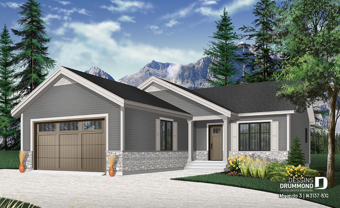 Vue avant - MODÈLE DE BASE - Plan de plain-pied avec garage double, douche privée à la chambre des maîtres, grand îlot à la cuisine, foyer - Miranda 3